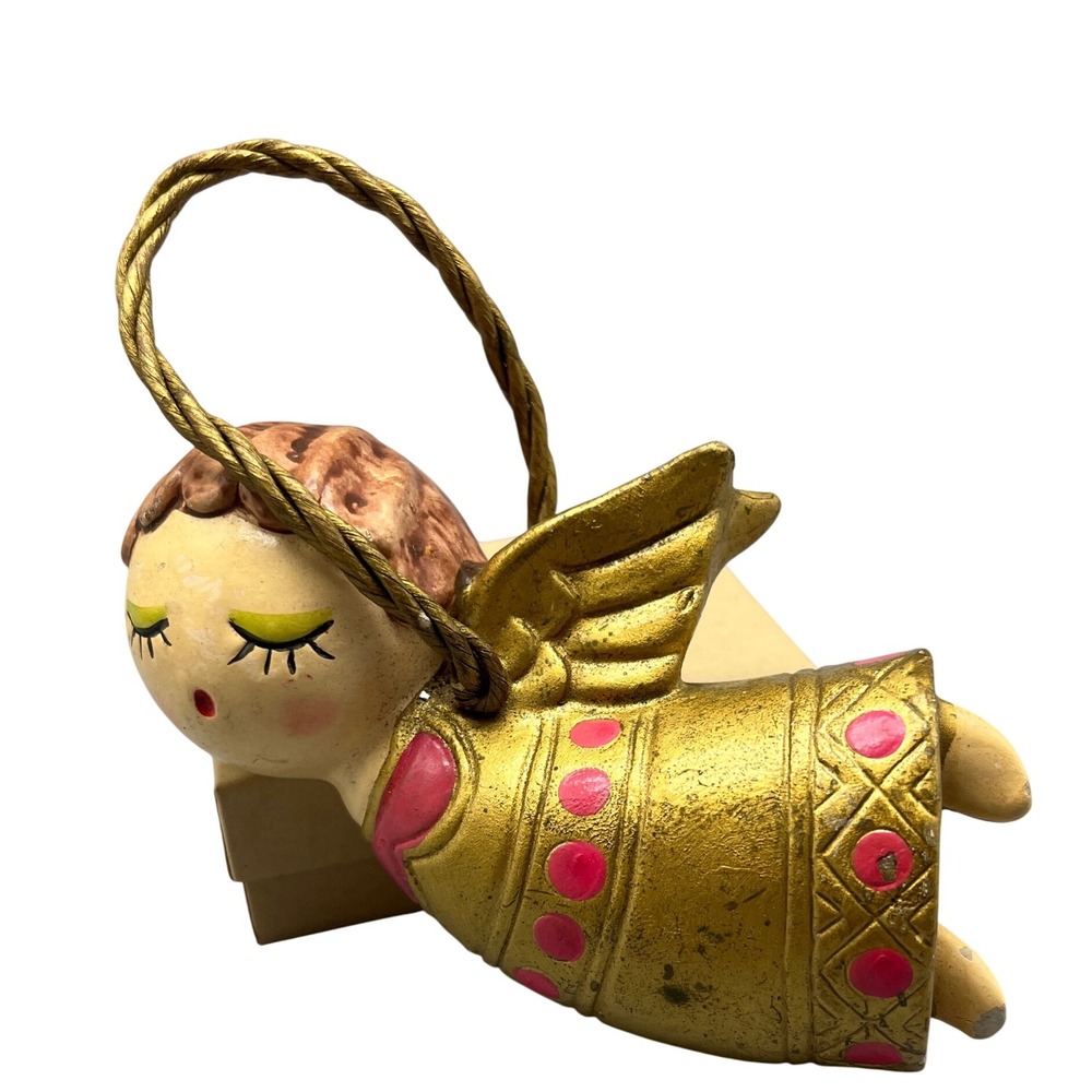 Vintage Mid Century Flying Angel Christmas Ornament Gold Dress an Cord Japan